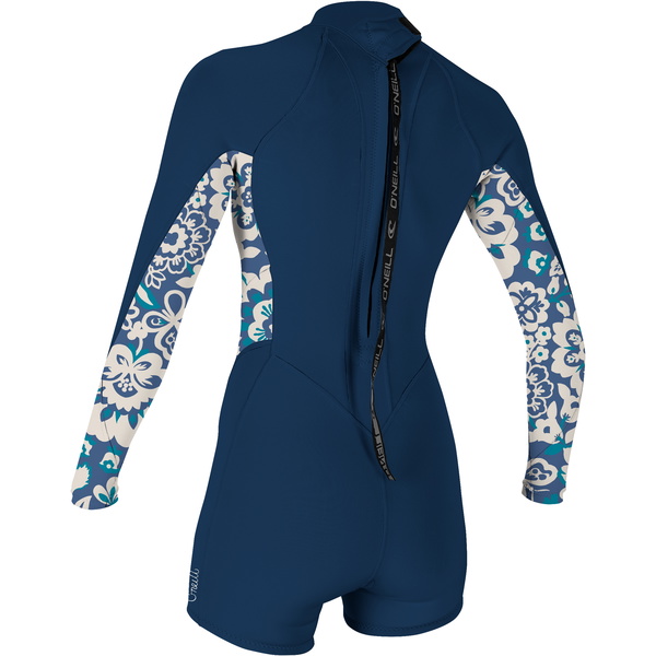 2024 O'neill Kvinder Bahia 2/1mm Langærmet Back Zip Shorty Våddragt 5291 - Fransk Navy / Crisflor
