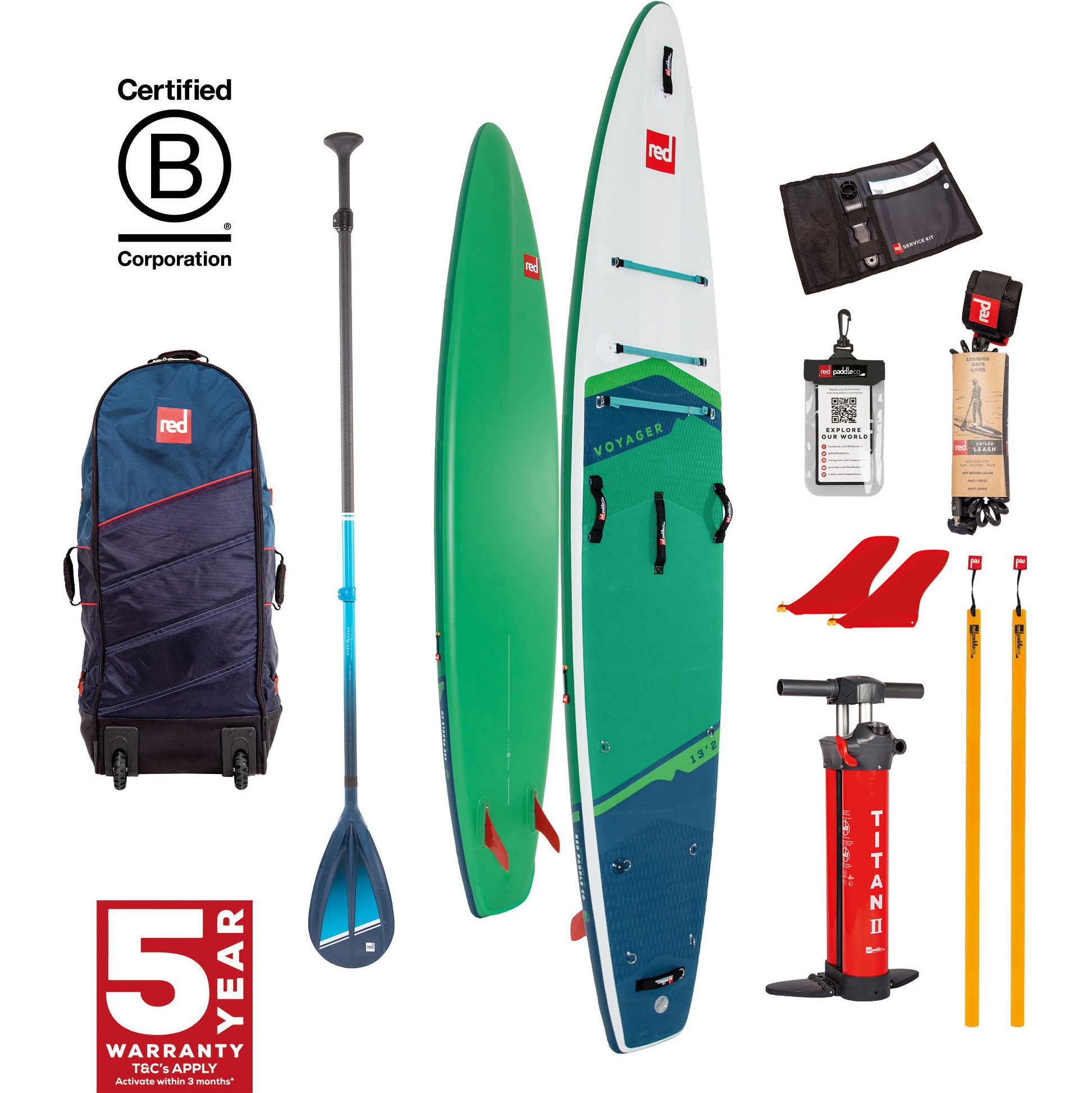 2024 Red Paddle Co 13'2'' Voyager Plus MSL Stand Up Paddle Board , Taske, Pumpe Og Hybrid Tough Paddle 001-001-002-0065 - Green