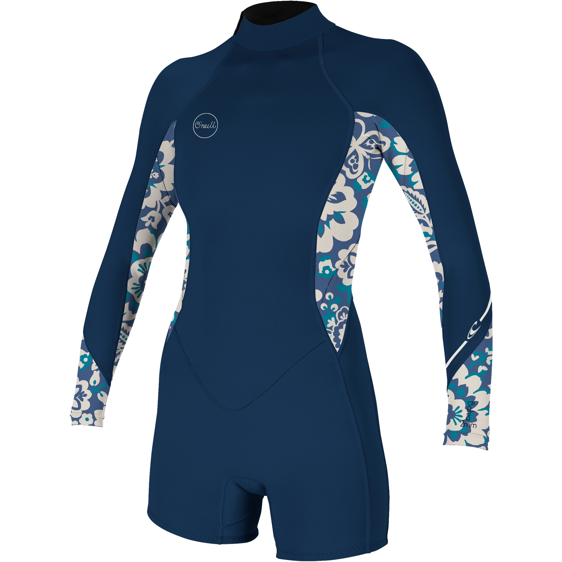 2024 O'neill Kvinder Bahia 2/1mm Langærmet Back Zip Shorty Våddragt 5291 - Fransk Navy / Crisflor