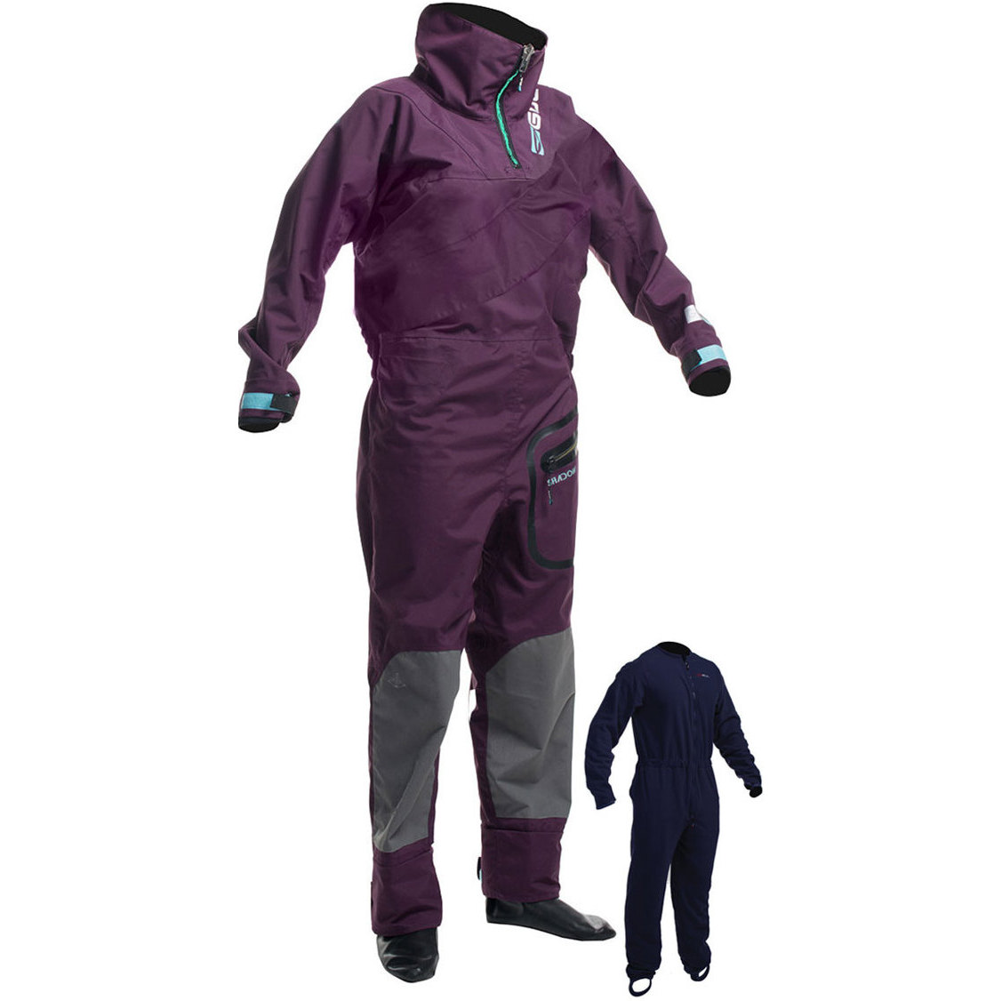 2018 Gul Shadow Womens Halo Zip Drysuit Italiensk Plomme GM0350-B3 INKLUSIVE UNDERFLEECE