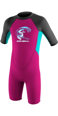 2026 Oneill Småbørn Reactor 2mm Back Zip Shorty Våddragt 4867g - Berry / Aqua / Graphite