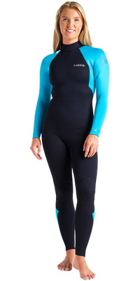 2026 C-Skins Kvinder Surflite 3/2mm Gbs Back Zip Våddragt C-sl32wbz - Raven Black / Bright Cyan / Azure