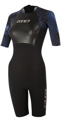 2025 Zone3 Tropical Palm Til Kvinder Back Zip Shorty Swimskin Ss21wwtc101 - Sort/blå