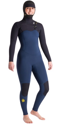 2025 C-Skins Womens NuWave Solace 5/4/3mm Chest Zip Hooded Wetsuit C-NSO54WH - Bluestone / Sort X/ Saffron