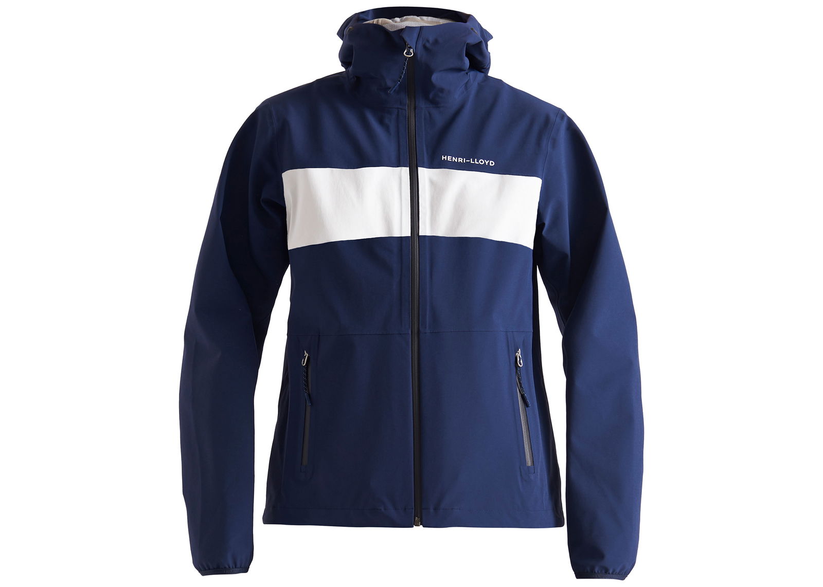 Navy sailing jacket with a broad white chest band and hood folded into the collar