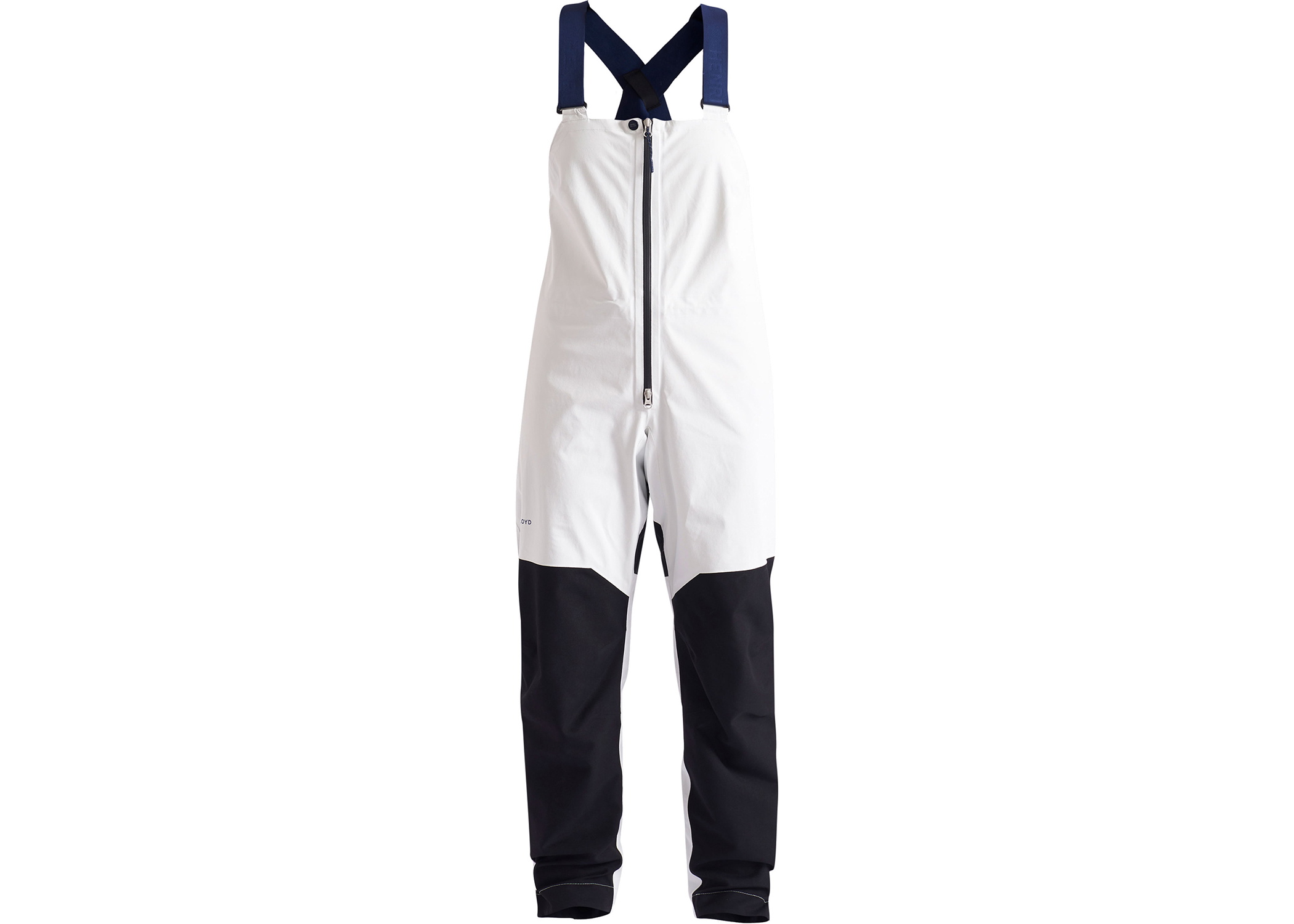 White sailing salopettes with navy braces and reinforced black lower legs