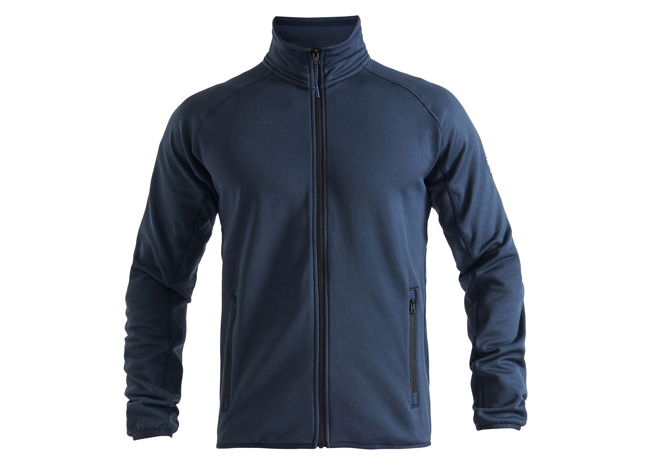 Plain navy full-zip fleece midlayer with a chest pocket, shown flat on white