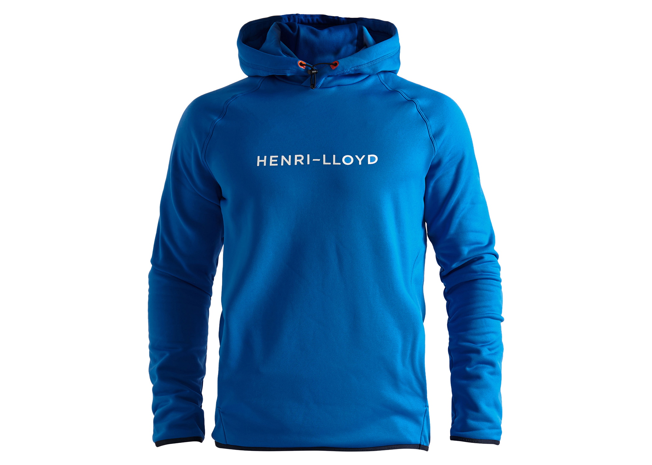 Bright blue Henri Lloyd hooded top with the logo printed across the chest