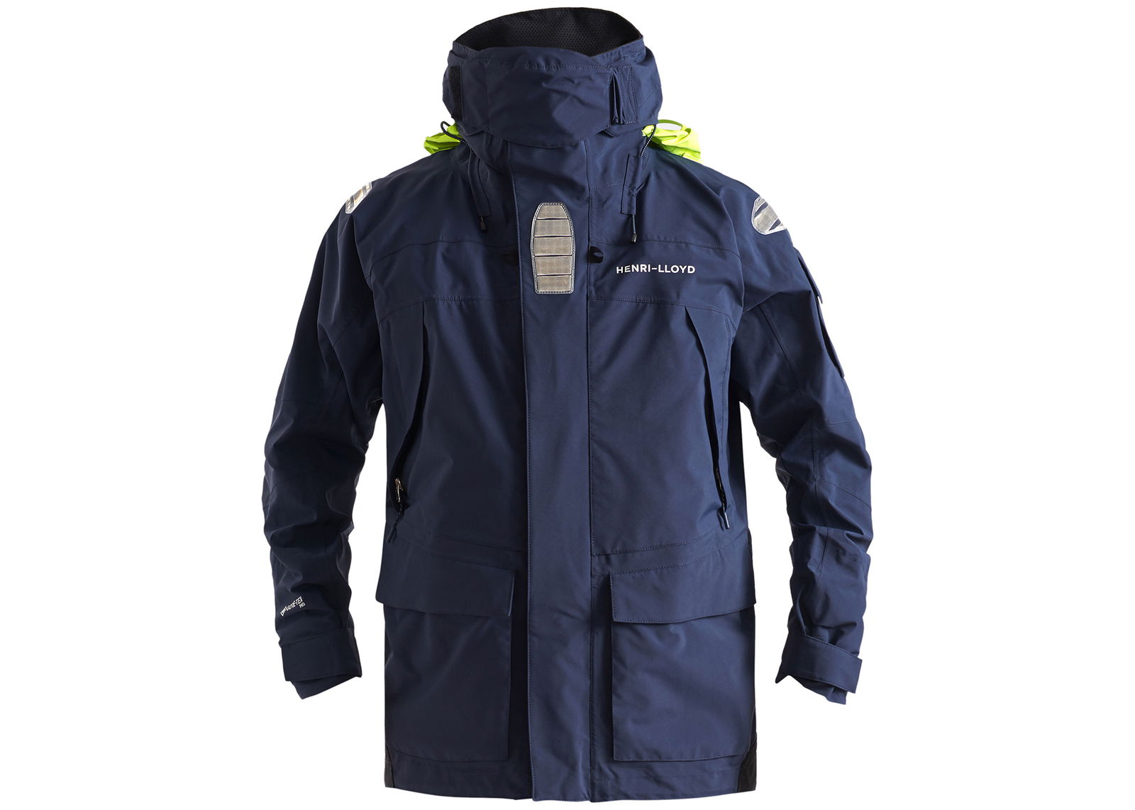 Navy offshore sailing jacket with a high collar and hi-vis yellow hood lining