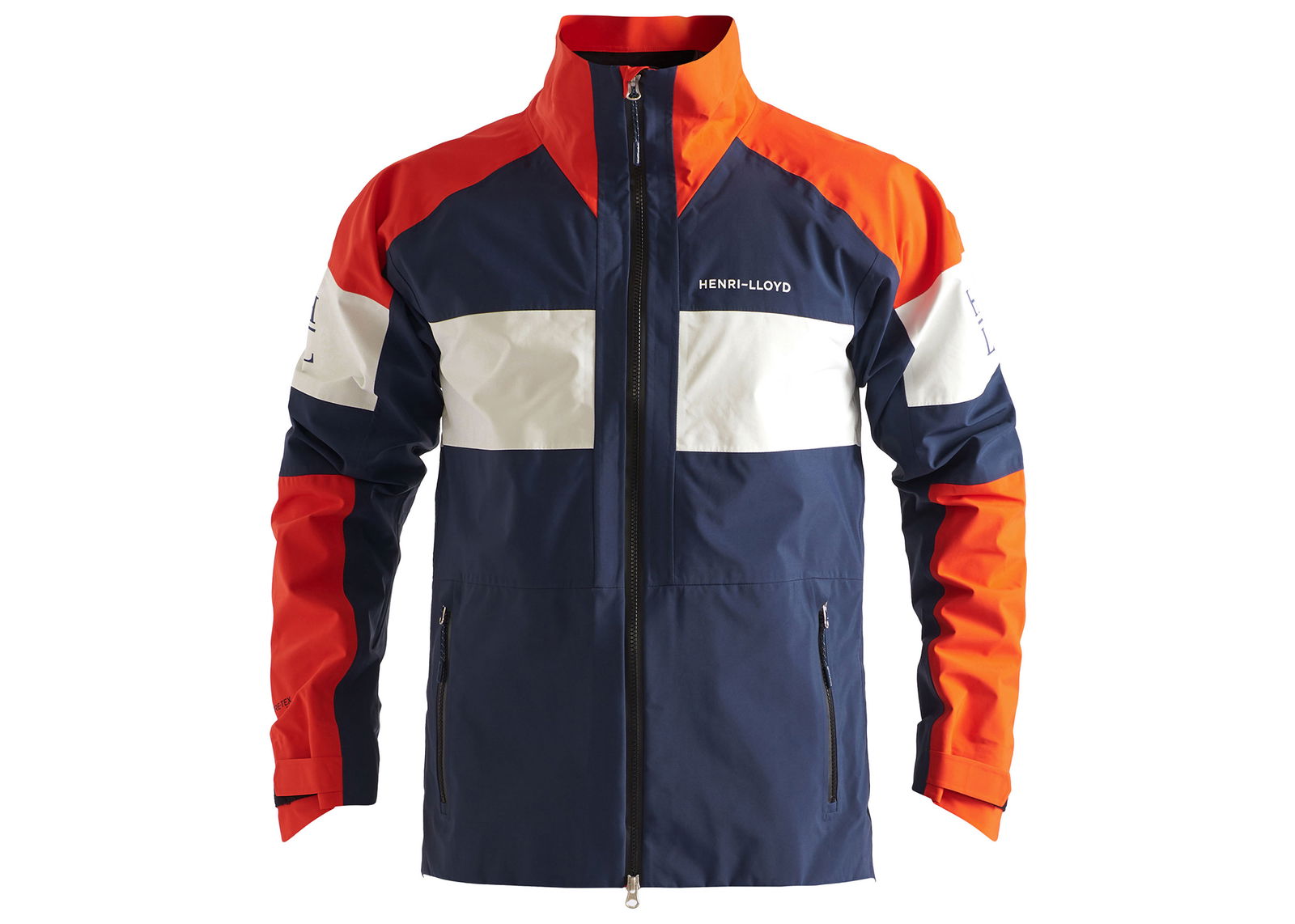 Navy sailing jacket with red, orange and white colour-block panels across chest and sleeves