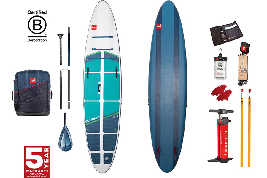 Flat lay of an inflatable SUP package: board, paddle, carry backpack, pump, leash, fin and repair kit