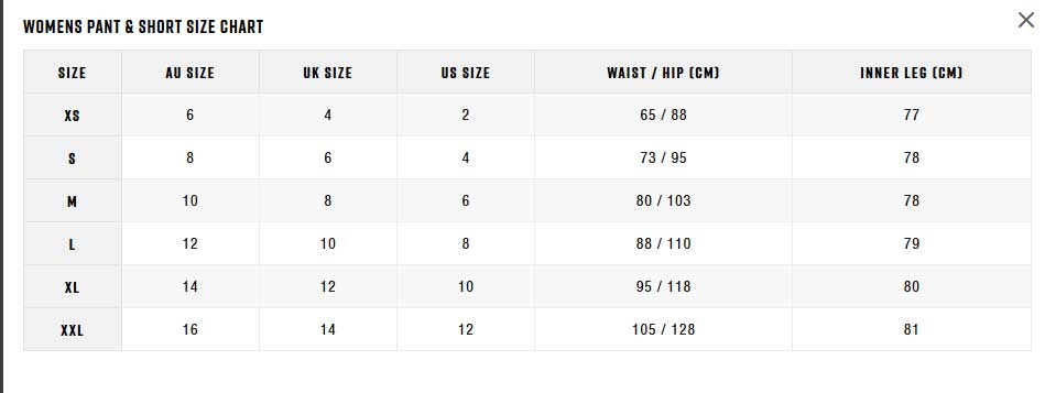 Zhik Womens Pants Shorts 0 Størrelsesskema