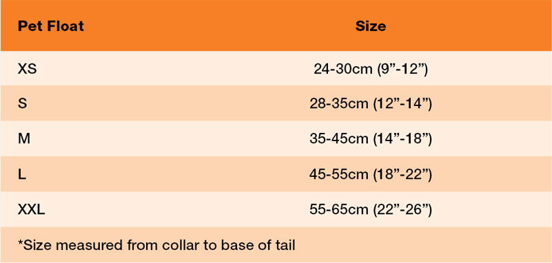 Crewsaver Pet Float Size 21 0 Størrelsesskema