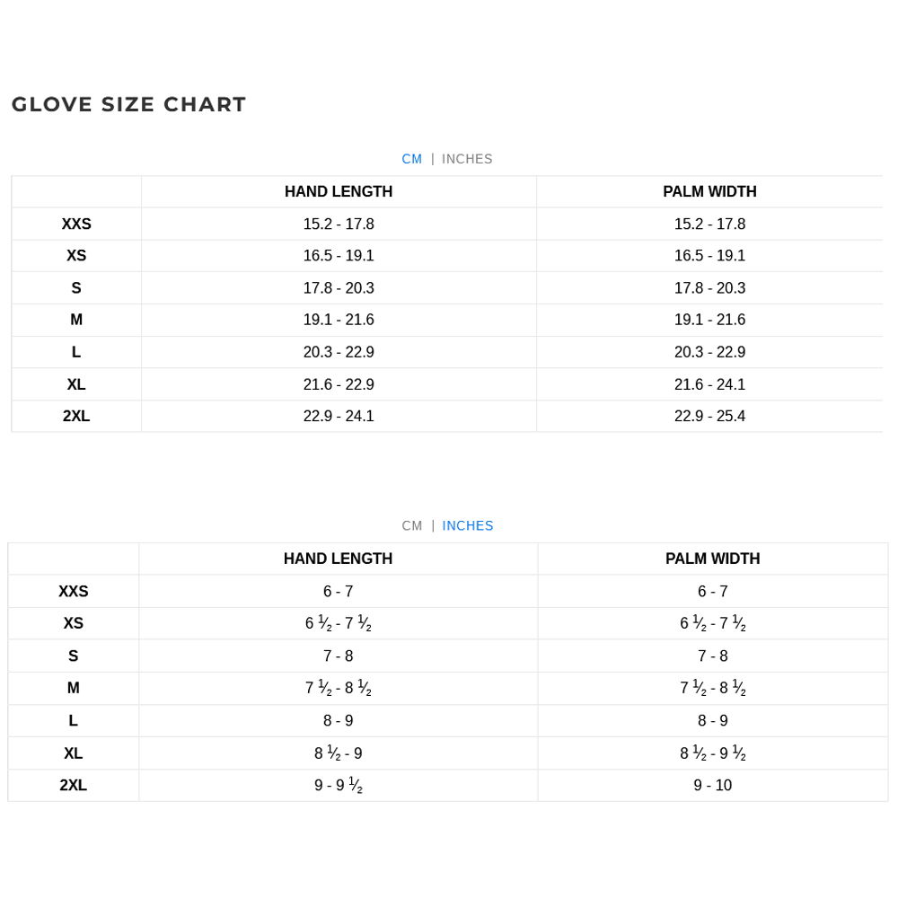 Xcel Gloves 22 0 Størrelsesskema